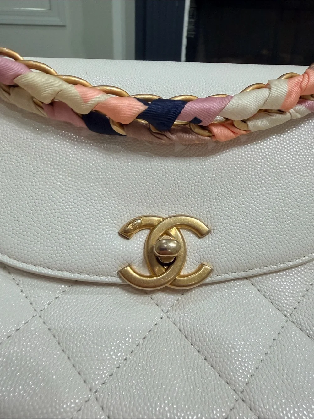 CHANEL White Quilted Leather Shoulder Bag with Multicolor Braided Handle